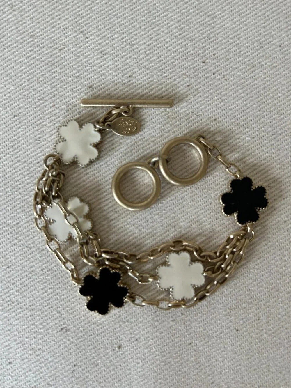 Cookie Lee Silver Clover Toggle Charm Bracelet Black White - NWT